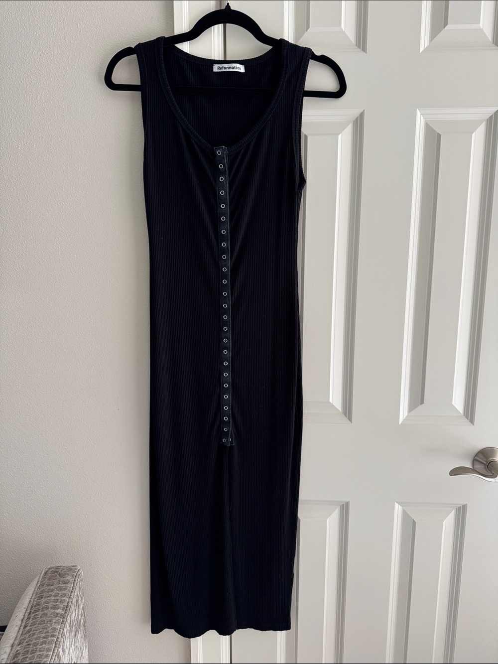 Reformation Black Ribbed Snap-Front Tank Midi Dress